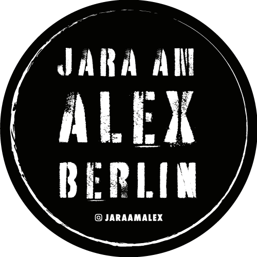 Logo rund mit wei%C3%9Fer abgewetzter Schrift auf schwarzem Hintergrund: JARA am Alex Berlin @jaraamalex Instagram